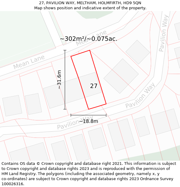 27, PAVILION WAY, MELTHAM, HOLMFIRTH, HD9 5QN: Plot and title map