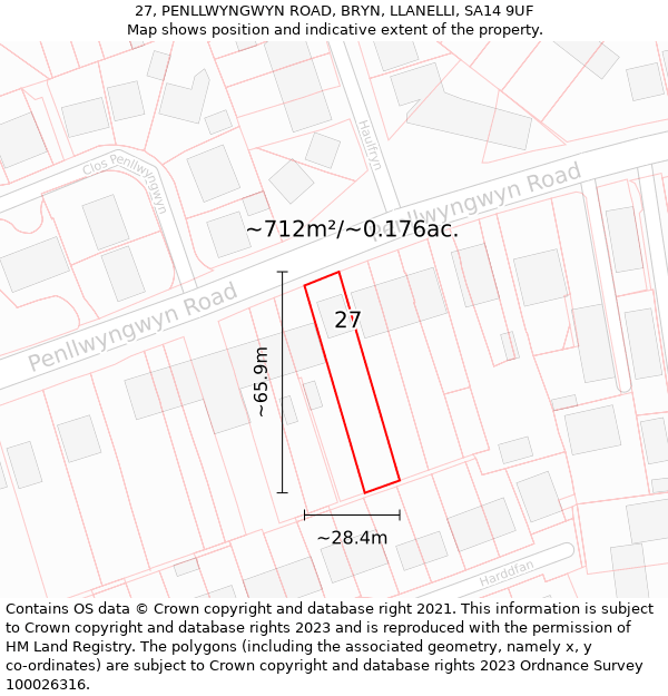 27, PENLLWYNGWYN ROAD, BRYN, LLANELLI, SA14 9UF: Plot and title map