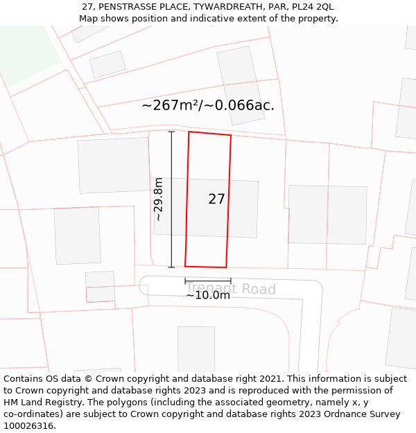 27, PENSTRASSE PLACE, TYWARDREATH, PAR, PL24 2QL: Plot and title map