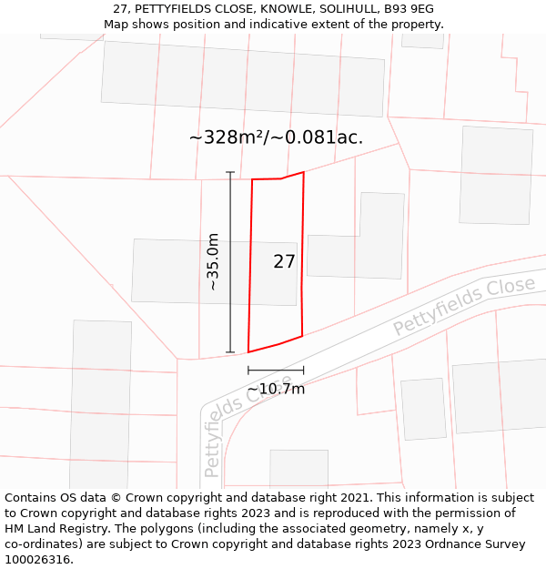 27, PETTYFIELDS CLOSE, KNOWLE, SOLIHULL, B93 9EG: Plot and title map