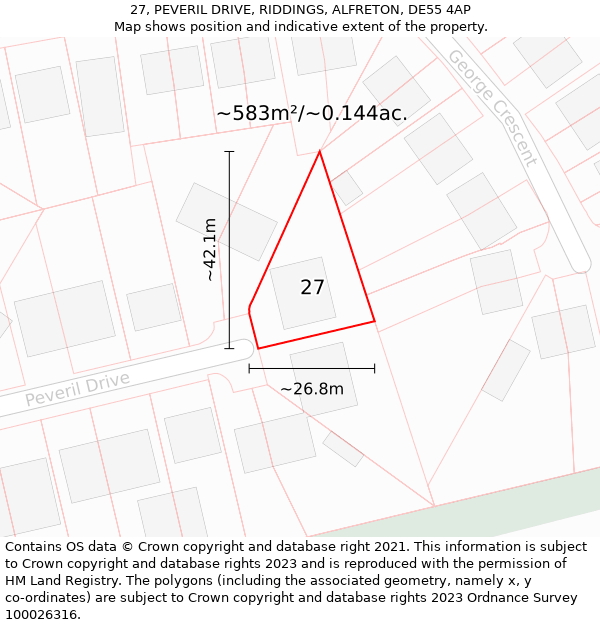 27, PEVERIL DRIVE, RIDDINGS, ALFRETON, DE55 4AP: Plot and title map