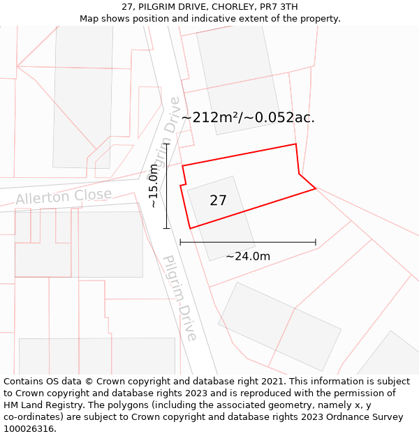 27, PILGRIM DRIVE, CHORLEY, PR7 3TH: Plot and title map