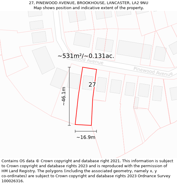 27, PINEWOOD AVENUE, BROOKHOUSE, LANCASTER, LA2 9NU: Plot and title map