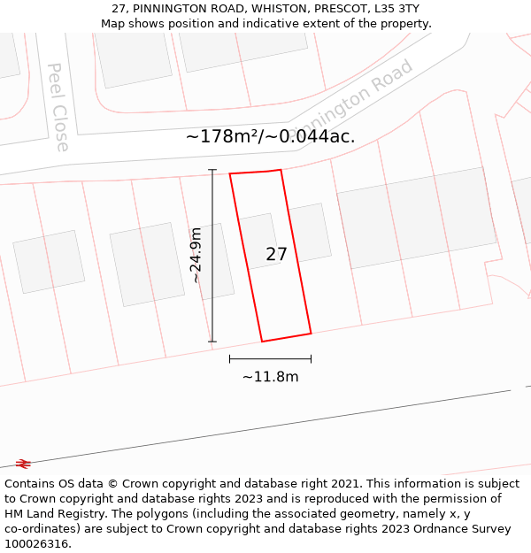 27, PINNINGTON ROAD, WHISTON, PRESCOT, L35 3TY: Plot and title map
