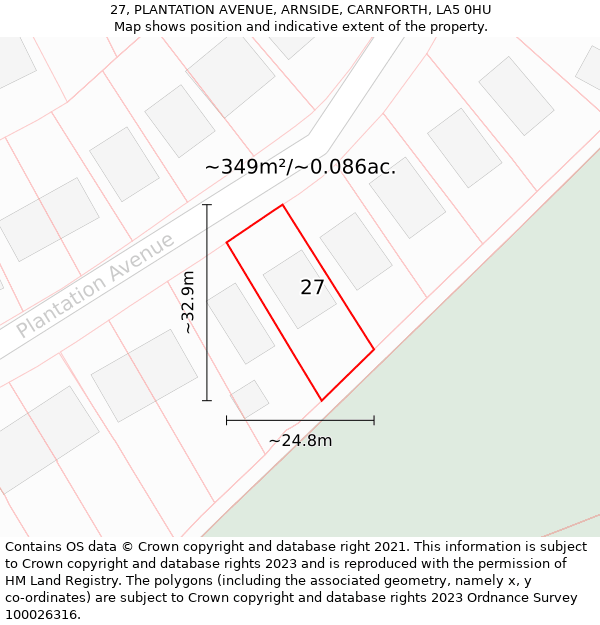 27, PLANTATION AVENUE, ARNSIDE, CARNFORTH, LA5 0HU: Plot and title map