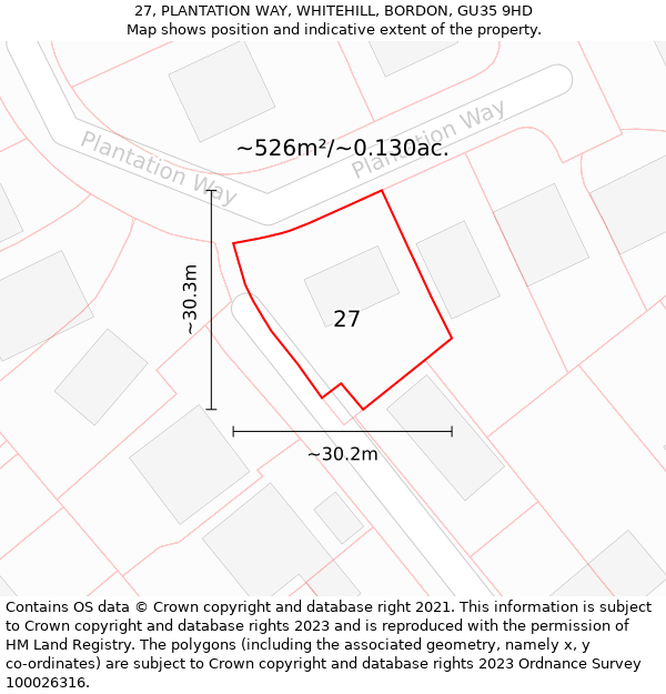 27, PLANTATION WAY, WHITEHILL, BORDON, GU35 9HD: Plot and title map