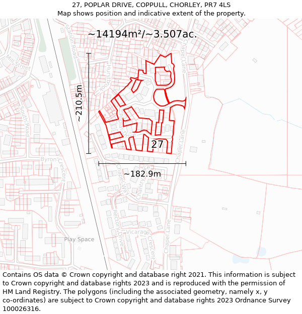 27, POPLAR DRIVE, COPPULL, CHORLEY, PR7 4LS: Plot and title map