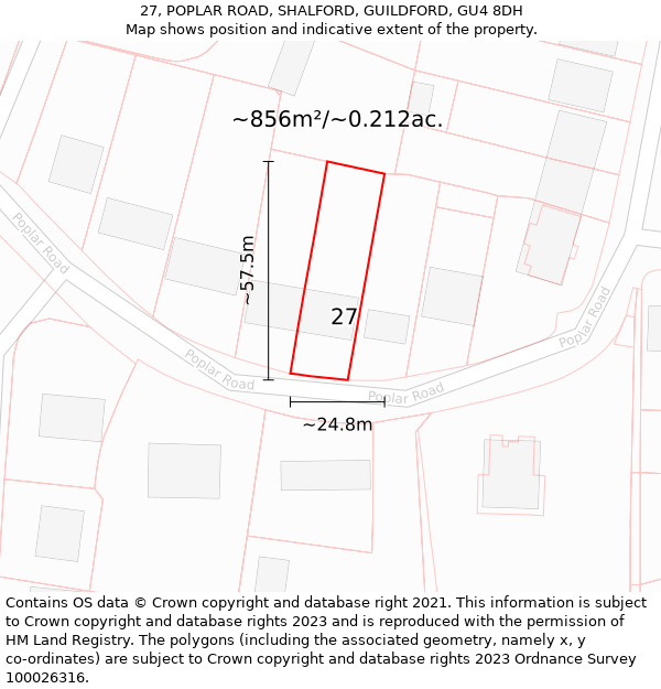 27, POPLAR ROAD, SHALFORD, GUILDFORD, GU4 8DH: Plot and title map