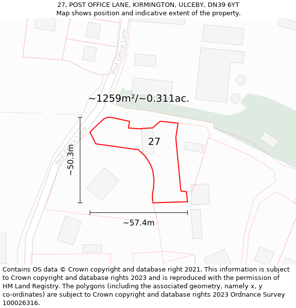 27, POST OFFICE LANE, KIRMINGTON, ULCEBY, DN39 6YT: Plot and title map