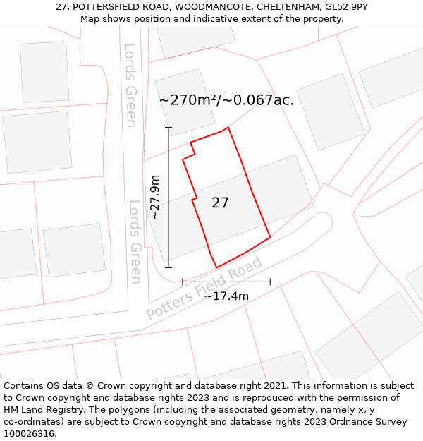 27, POTTERSFIELD ROAD, WOODMANCOTE, CHELTENHAM, GL52 9PY: Plot and title map