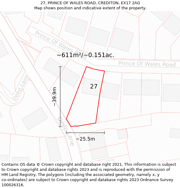 27, PRINCE OF WALES ROAD, CREDITON, EX17 2AG: Plot and title map