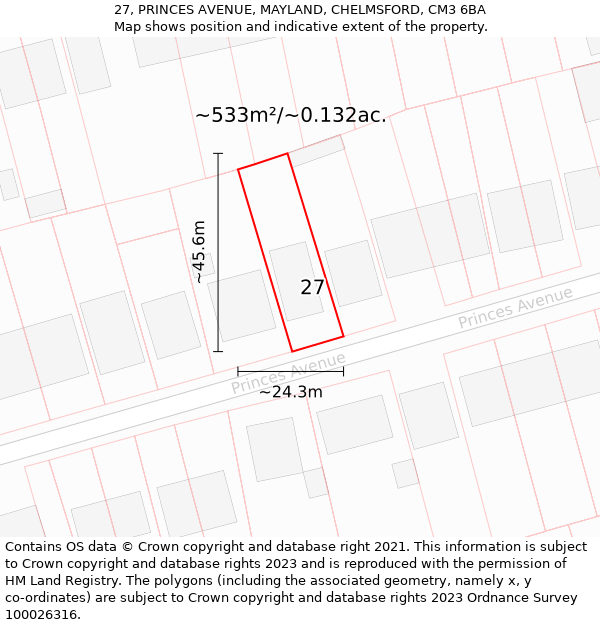 27, PRINCES AVENUE, MAYLAND, CHELMSFORD, CM3 6BA: Plot and title map