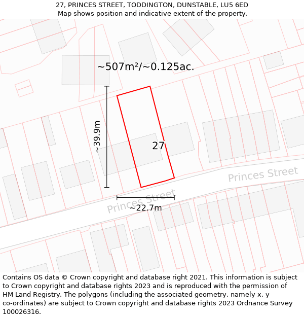 27, PRINCES STREET, TODDINGTON, DUNSTABLE, LU5 6ED: Plot and title map