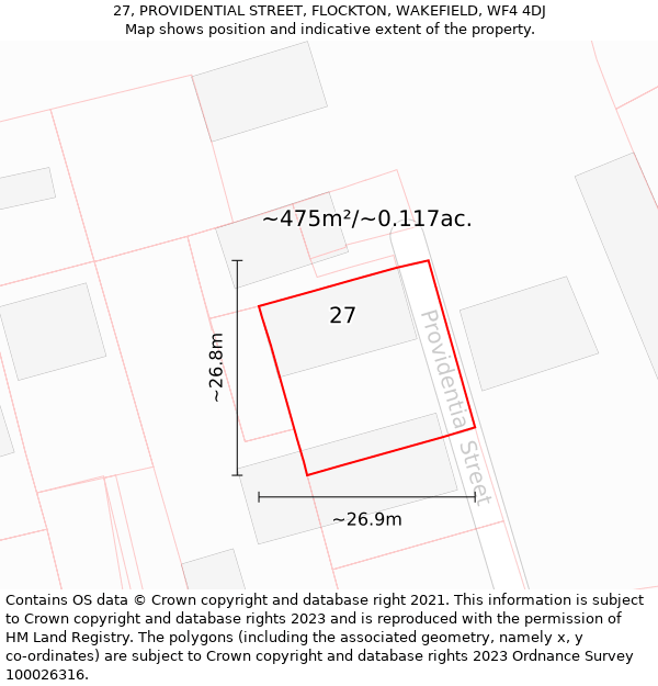 27, PROVIDENTIAL STREET, FLOCKTON, WAKEFIELD, WF4 4DJ: Plot and title map
