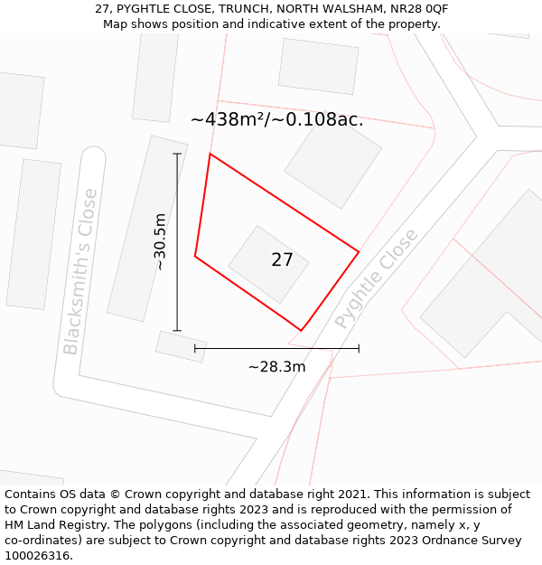 27, PYGHTLE CLOSE, TRUNCH, NORTH WALSHAM, NR28 0QF: Plot and title map