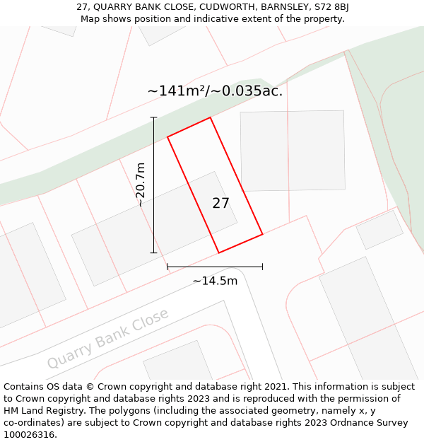 27, QUARRY BANK CLOSE, CUDWORTH, BARNSLEY, S72 8BJ: Plot and title map