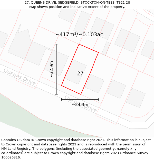 27, QUEENS DRIVE, SEDGEFIELD, STOCKTON-ON-TEES, TS21 2JJ: Plot and title map