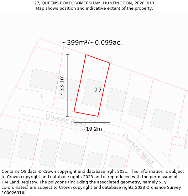 27, QUEENS ROAD, SOMERSHAM, HUNTINGDON, PE28 3HR: Plot and title map