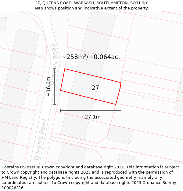 27, QUEENS ROAD, WARSASH, SOUTHAMPTON, SO31 9JY: Plot and title map