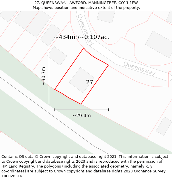 27, QUEENSWAY, LAWFORD, MANNINGTREE, CO11 1EW: Plot and title map