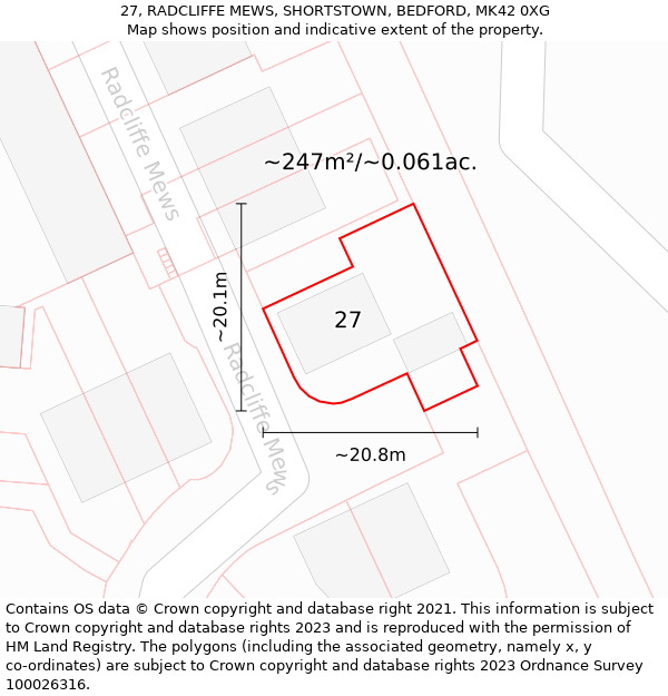 27, RADCLIFFE MEWS, SHORTSTOWN, BEDFORD, MK42 0XG: Plot and title map