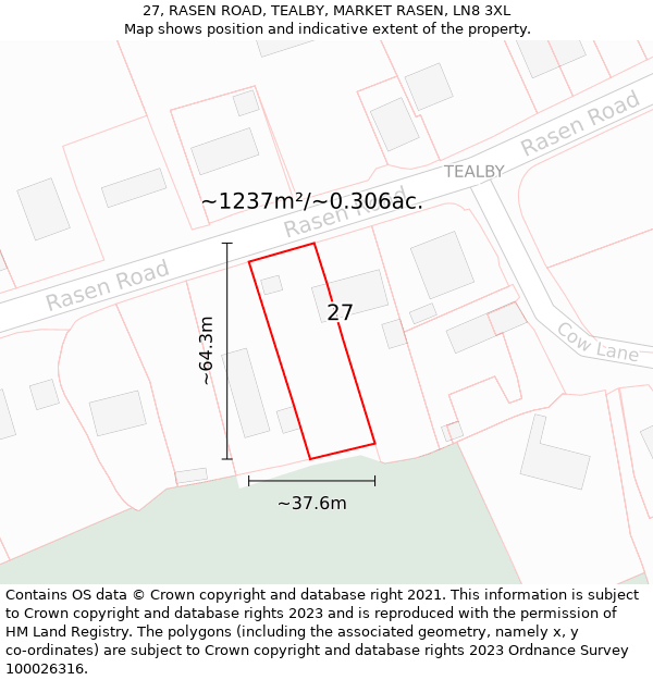 27, RASEN ROAD, TEALBY, MARKET RASEN, LN8 3XL: Plot and title map