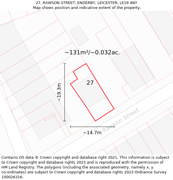 27, RAWSON STREET, ENDERBY, LEICESTER, LE19 4NY: Plot and title map