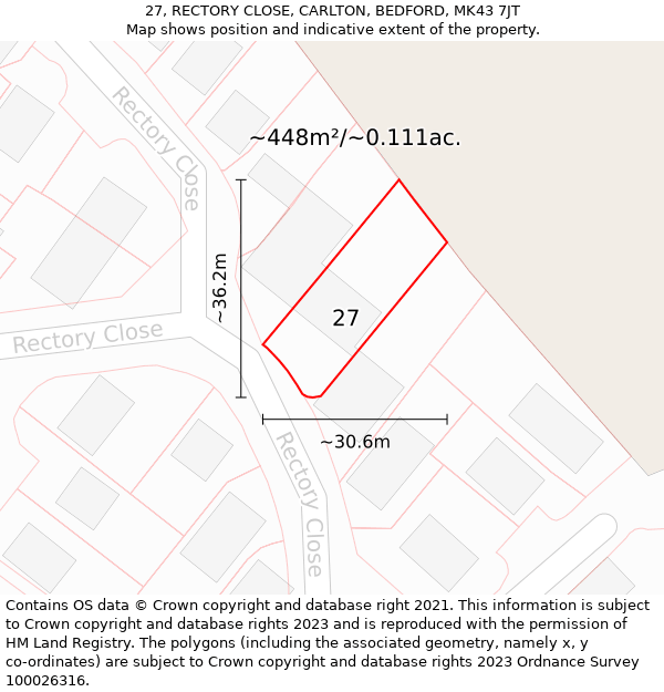 27, RECTORY CLOSE, CARLTON, BEDFORD, MK43 7JT: Plot and title map