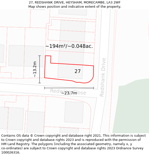 27, REDSHANK DRIVE, HEYSHAM, MORECAMBE, LA3 2WF: Plot and title map