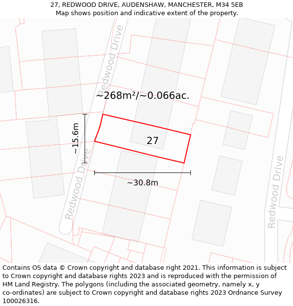 27, REDWOOD DRIVE, AUDENSHAW, MANCHESTER, M34 5EB: Plot and title map