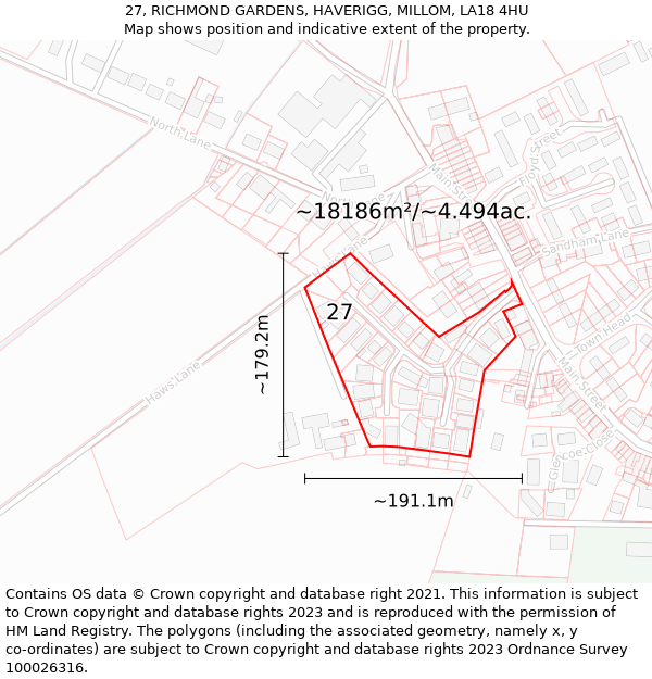 27, RICHMOND GARDENS, HAVERIGG, MILLOM, LA18 4HU: Plot and title map