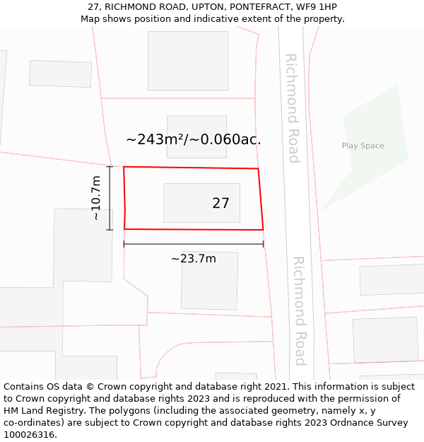 27, RICHMOND ROAD, UPTON, PONTEFRACT, WF9 1HP: Plot and title map