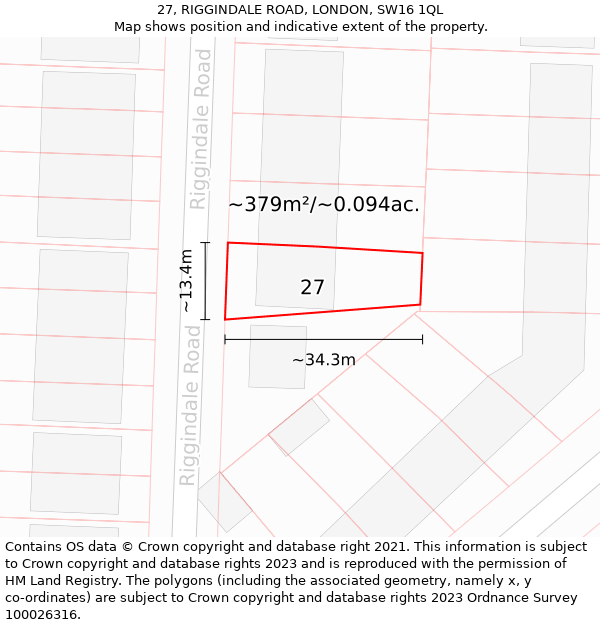 27, RIGGINDALE ROAD, LONDON, SW16 1QL: Plot and title map