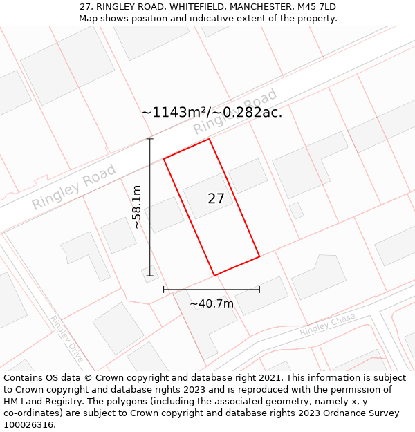 27, RINGLEY ROAD, WHITEFIELD, MANCHESTER, M45 7LD: Plot and title map