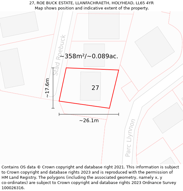 27, ROE BUCK ESTATE, LLANFACHRAETH, HOLYHEAD, LL65 4YR: Plot and title map