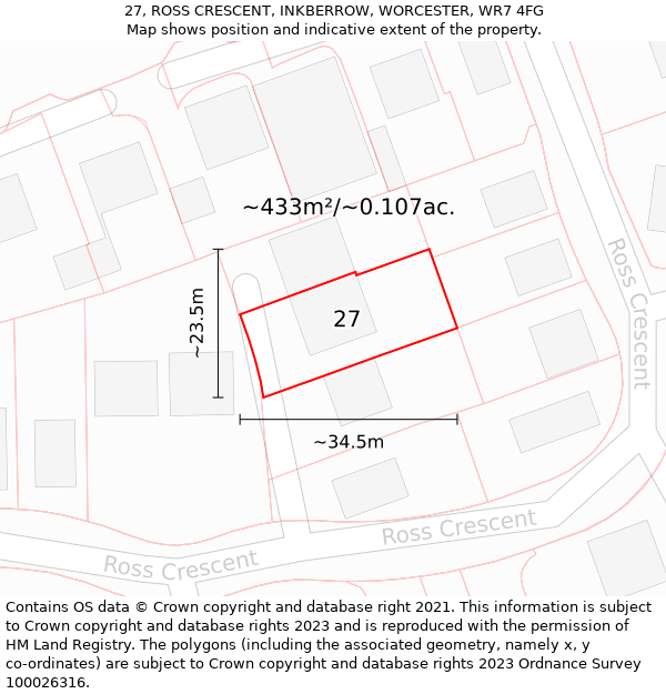 27, ROSS CRESCENT, INKBERROW, WORCESTER, WR7 4FG: Plot and title map