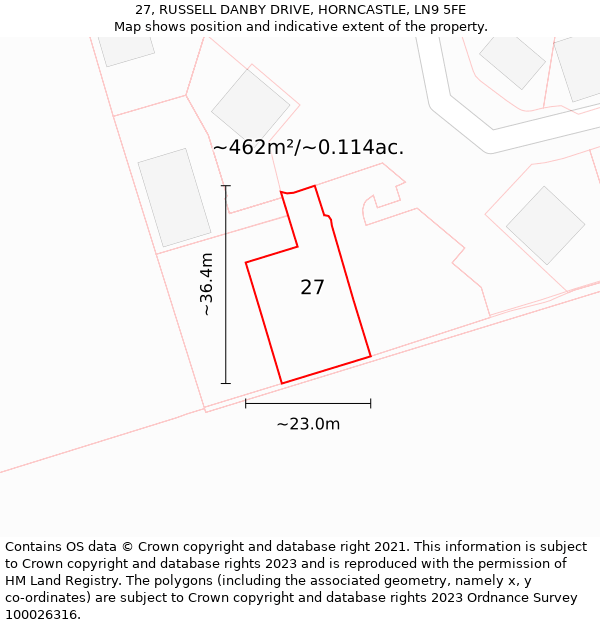 27, RUSSELL DANBY DRIVE, HORNCASTLE, LN9 5FE: Plot and title map