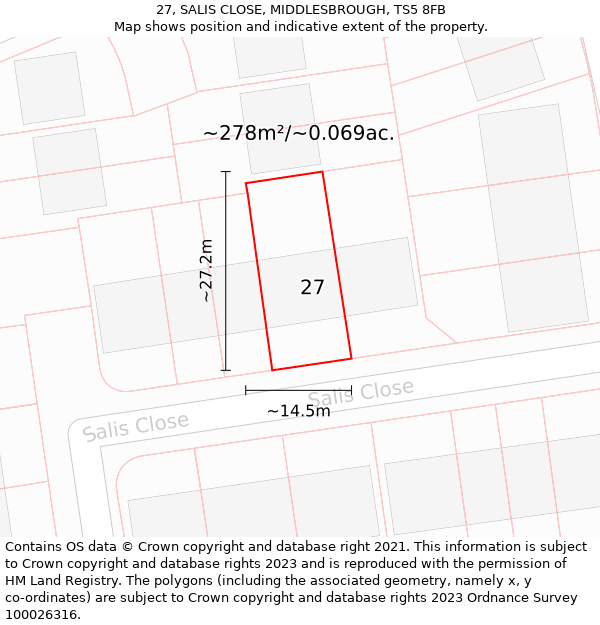 27, SALIS CLOSE, MIDDLESBROUGH, TS5 8FB: Plot and title map