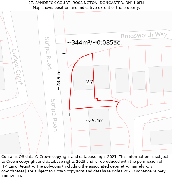 27, SANDBECK COURT, ROSSINGTON, DONCASTER, DN11 0FN: Plot and title map