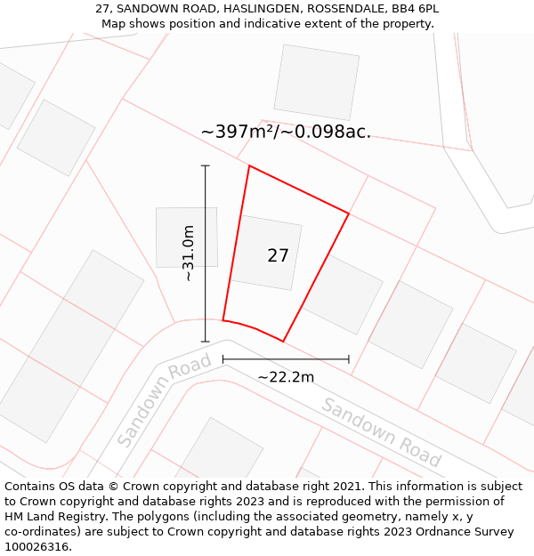 27, SANDOWN ROAD, HASLINGDEN, ROSSENDALE, BB4 6PL: Plot and title map