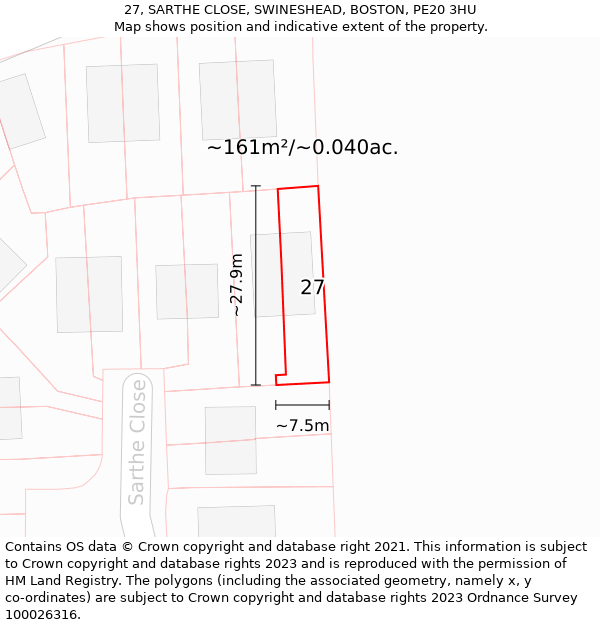 27, SARTHE CLOSE, SWINESHEAD, BOSTON, PE20 3HU: Plot and title map