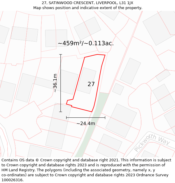 27, SATINWOOD CRESCENT, LIVERPOOL, L31 1JX: Plot and title map