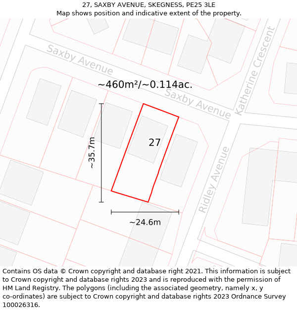 27, SAXBY AVENUE, SKEGNESS, PE25 3LE: Plot and title map