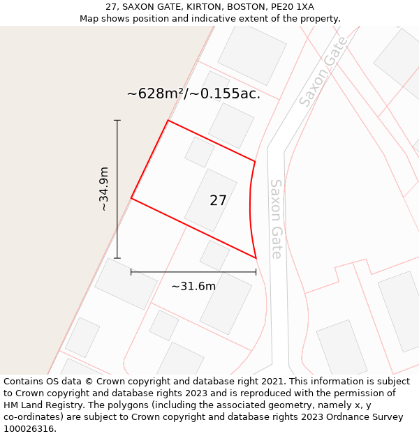 27, SAXON GATE, KIRTON, BOSTON, PE20 1XA: Plot and title map