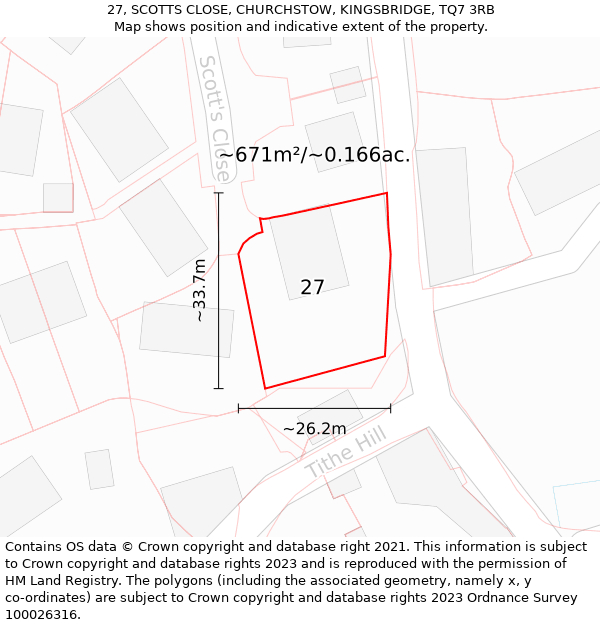 27, SCOTTS CLOSE, CHURCHSTOW, KINGSBRIDGE, TQ7 3RB: Plot and title map