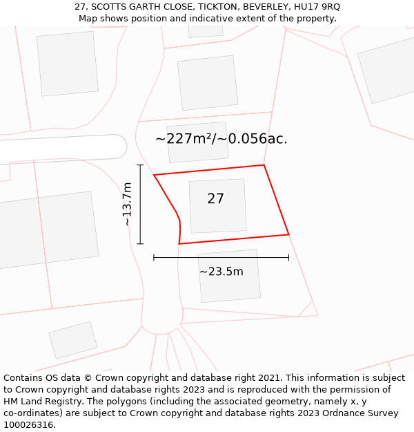 27, SCOTTS GARTH CLOSE, TICKTON, BEVERLEY, HU17 9RQ: Plot and title map