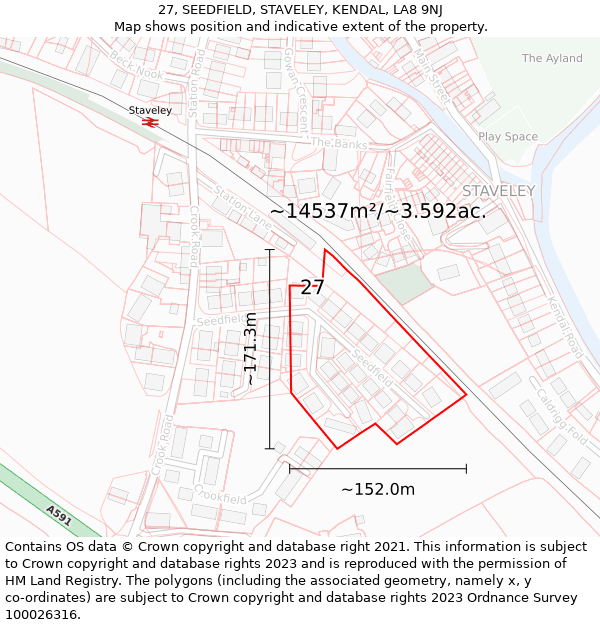 27, SEEDFIELD, STAVELEY, KENDAL, LA8 9NJ: Plot and title map