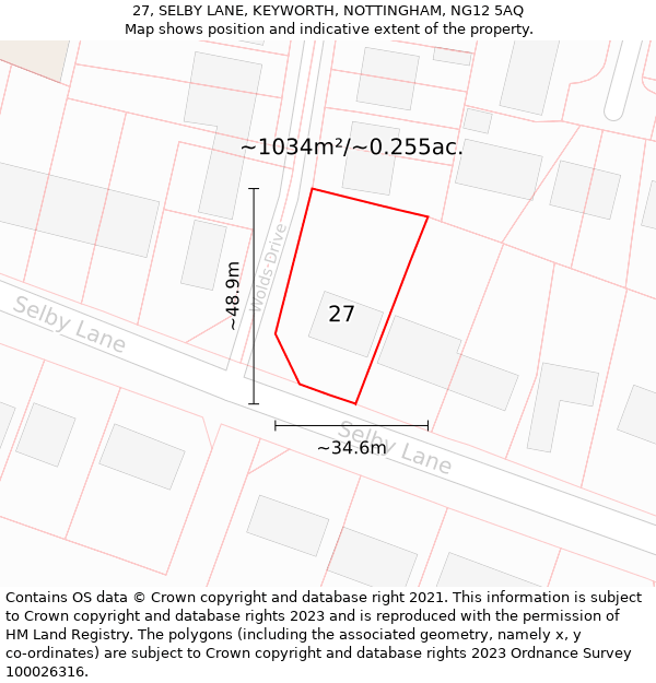 27, SELBY LANE, KEYWORTH, NOTTINGHAM, NG12 5AQ: Plot and title map