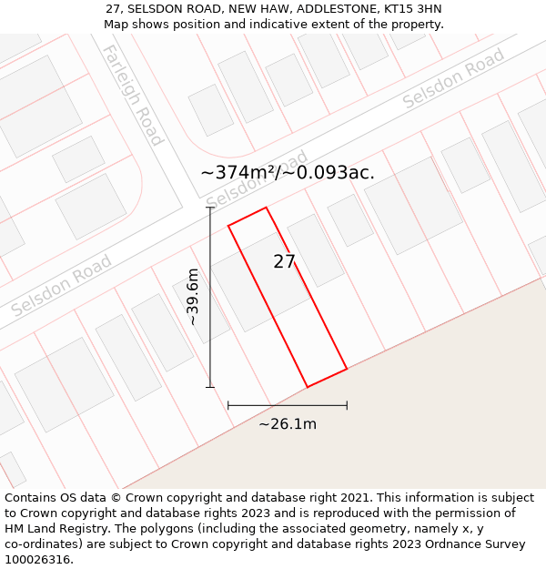 27, SELSDON ROAD, NEW HAW, ADDLESTONE, KT15 3HN: Plot and title map