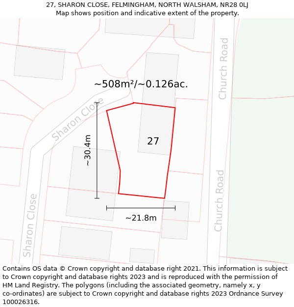 27, SHARON CLOSE, FELMINGHAM, NORTH WALSHAM, NR28 0LJ: Plot and title map